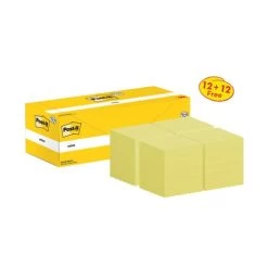 Post-it Notes 76x76mm 100 Sheets Canary Yellow 12 + 12 FREE (Pack Of 24) 654Y12+654Y12