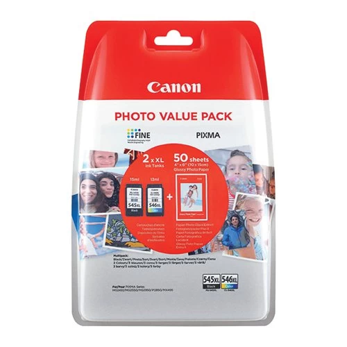 Canon® Canon PG-545XL/CL-546XL Ink Cartridges High Yield + Photo Paper Value Pack 8286B006 3 Canon® Canon PG-545XL/CL-546XL Ink Cartridges High Yield + Photo Paper Value Pack 8286B006