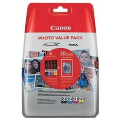 Canon® Canon CLI-551 Inkjet Cartridge + Paper Value Pack CMYK (Pack Of 4) 6508B005